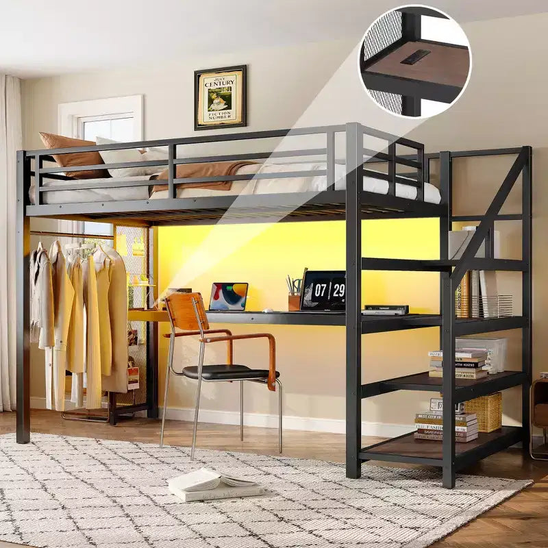 Bellemave Twin XL Metal Loft Bed with Desk & Storage Stairs, LED Lights, USB Ports, Iron Net Panels, Noise-Free Frame, Black