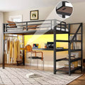 Bellemave Twin XL Metal Loft Bed with Desk & Storage Stairs, LED Lights, USB Ports, Iron Net Panels, Noise-Free Frame, Black