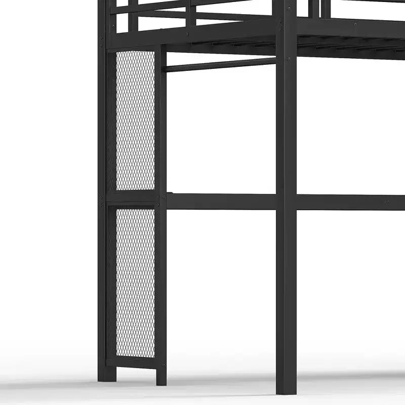 Lit mezzanine double XL Bellemave en métal avec bureau et escalier de rangement, lumières LED, ports USB, panneaux en filet de fer, cadre sans bruit, noir