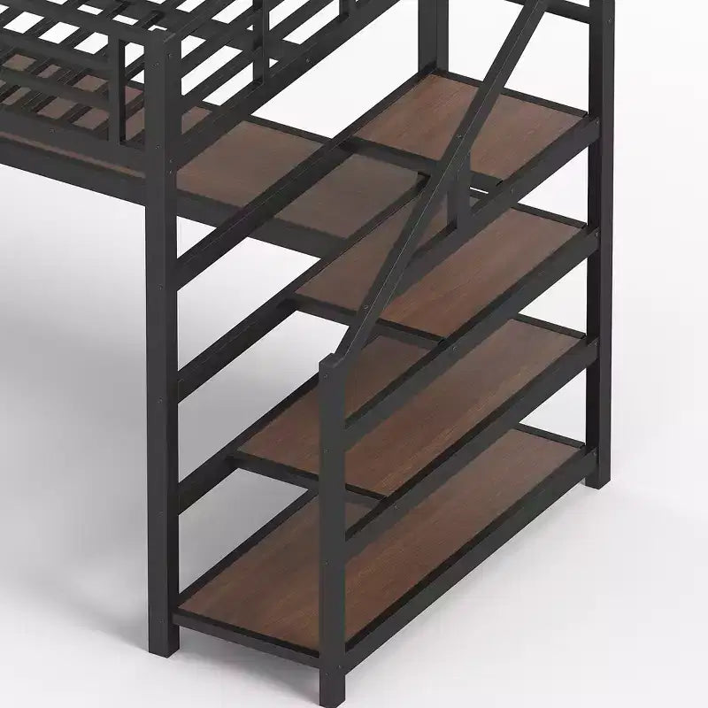 Lit mezzanine double XL Bellemave en métal avec bureau et escalier de rangement, lumières LED, ports USB, panneaux en filet de fer, cadre sans bruit, noir