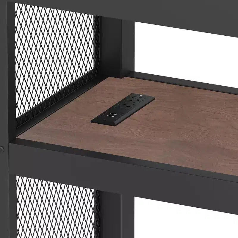Lit mezzanine double XL Bellemave en métal avec bureau et escalier de rangement, lumières LED, ports USB, panneaux en filet de fer, cadre sans bruit, noir