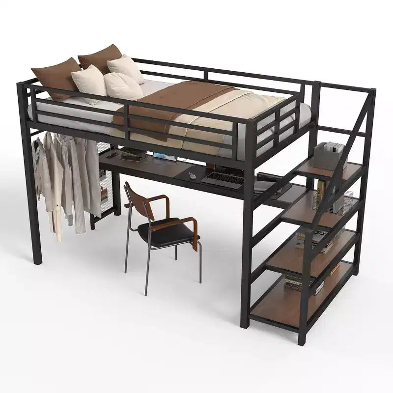 Lit mezzanine double XL Bellemave en métal avec bureau et escalier de rangement, lumières LED, ports USB, panneaux en filet de fer, cadre sans bruit, noir