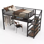 Lit mezzanine double XL Bellemave en métal avec bureau et escalier de rangement, lumières LED, ports USB, panneaux en filet de fer, cadre sans bruit, noir