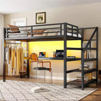 Lit mezzanine double XL Bellemave en métal avec bureau et escalier de rangement, lumières LED, ports USB, panneaux en filet de fer, cadre sans bruit, noir
