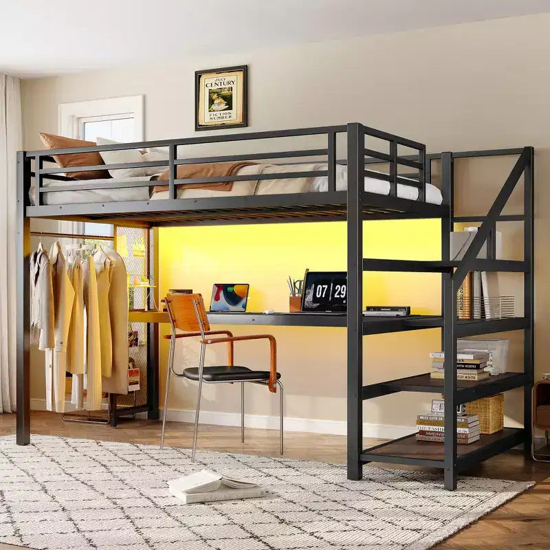 Lit mezzanine double XL Bellemave en métal avec bureau et escalier de rangement, lumières LED, ports USB, panneaux en filet de fer, cadre sans bruit, noir