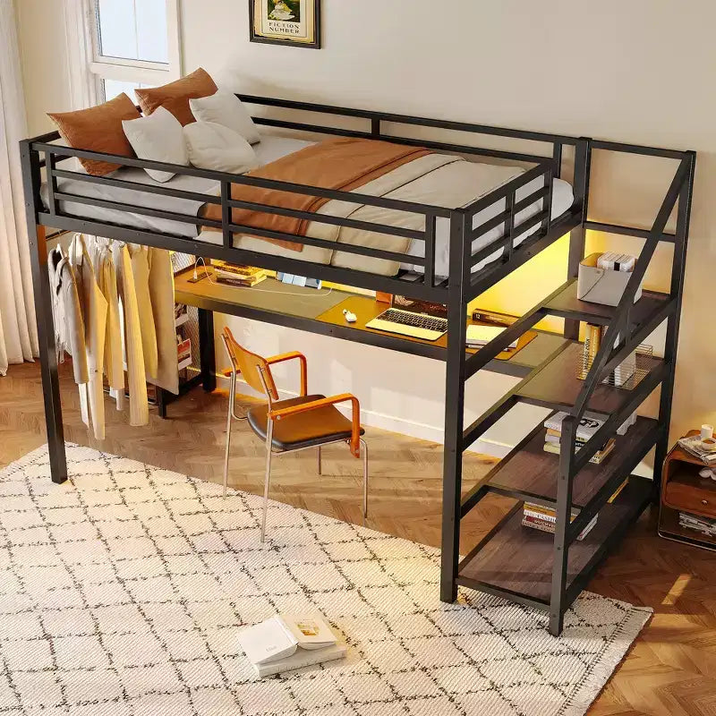 Lit mezzanine double XL Bellemave en métal avec bureau et escalier de rangement, lumières LED, ports USB, panneaux en filet de fer, cadre sans bruit, noir