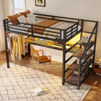 Lit mezzanine double XL Bellemave en métal avec bureau et escalier de rangement, lumières LED, ports USB, panneaux en filet de fer, cadre sans bruit, noir