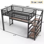 Lit mezzanine double XL Bellemave en métal avec bureau et escalier de rangement, lumières LED, ports USB, panneaux en filet de fer, cadre sans bruit, noir