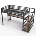 Lit mezzanine double XL Bellemave en métal avec bureau et escalier de rangement, lumières LED, ports USB, panneaux en filet de fer, cadre sans bruit, noir
