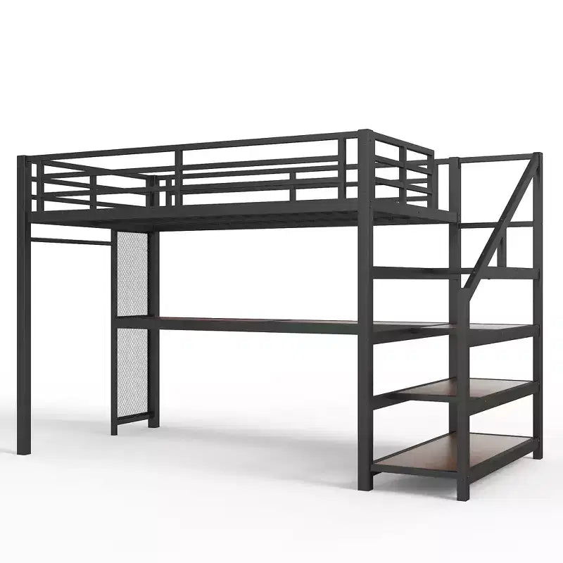 Lit mezzanine double XL Bellemave en métal avec bureau et escalier de rangement, lumières LED, ports USB, panneaux en filet de fer, cadre sans bruit, noir