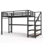 Lit mezzanine double XL Bellemave en métal avec bureau et escalier de rangement, lumières LED, ports USB, panneaux en filet de fer, cadre sans bruit, noir