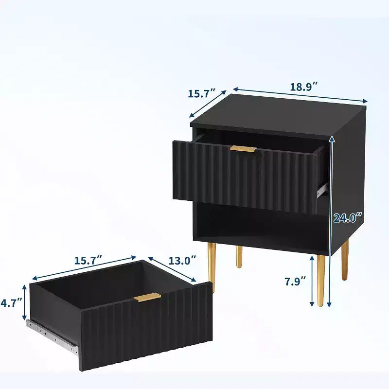 Table de chevet cannelée DobleePy avec 2 tiroirs de rangement, table de chevet moderne à base dorée pour chambre à coucher et appartement