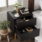 Table de chevet cannelée DobleePy avec 2 tiroirs de rangement, table de chevet moderne à base dorée pour chambre à coucher et appartement