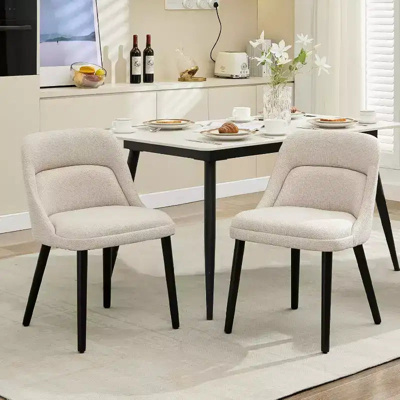 Set of 2 Modern Upholstered Dining Chairs. Mid-Century Linen Accent Chairs with Padded Seat and Firm Wood Legs for Kitchen Dining Living Room