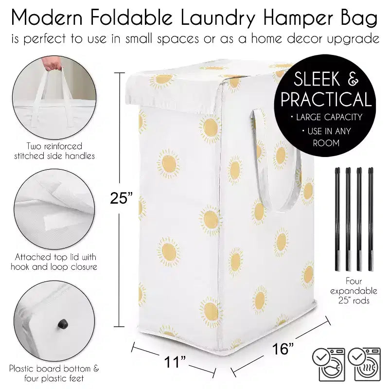 Sweet Jojo Designs - Panier à Linge Pliable avec Poignées pour Garçon, Fille, Unisexe/Neutre, Motif Soleil Bohème Jaune et Blanc