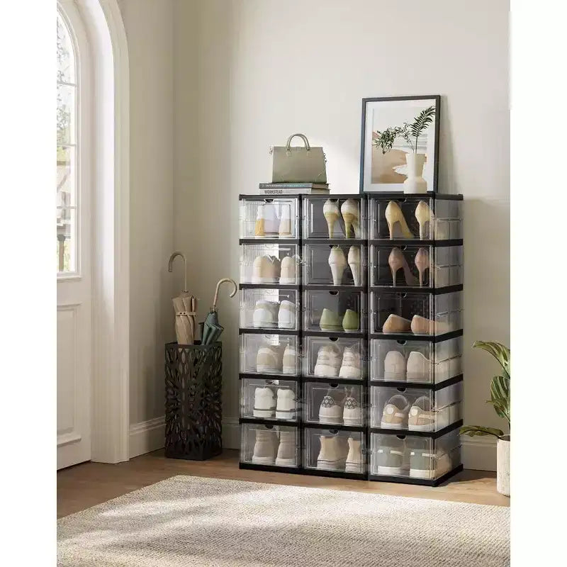 Boîtes à Chaussures, Organisateur de Rangement de Chaussures Empilable, Lot de 2 Meubles à Chaussures Intégrés, Pliables et Portables