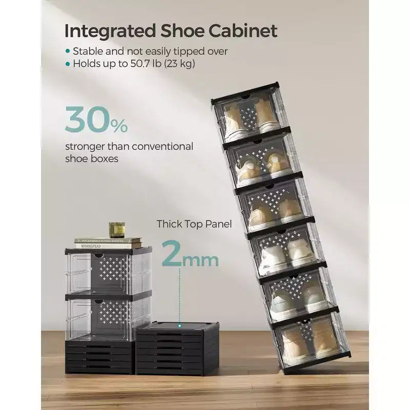 Boîtes à Chaussures, Organisateur de Rangement de Chaussures Empilable, Lot de 2 Meubles à Chaussures Intégrés, Pliables et Portables
