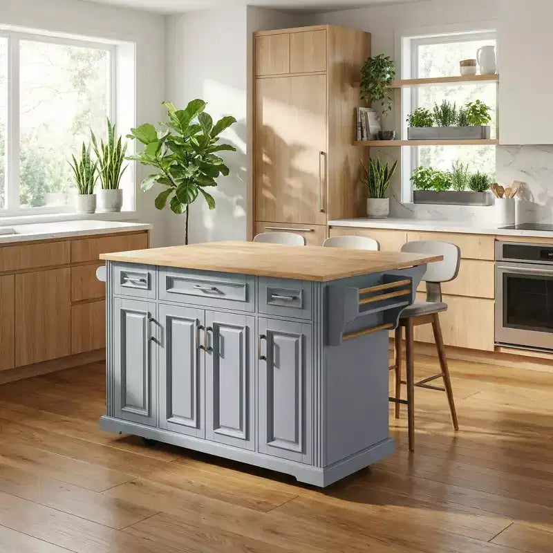 HomyCasa Îlot de cuisine roulant avec plateau en bois et armoires de rangement, Gris