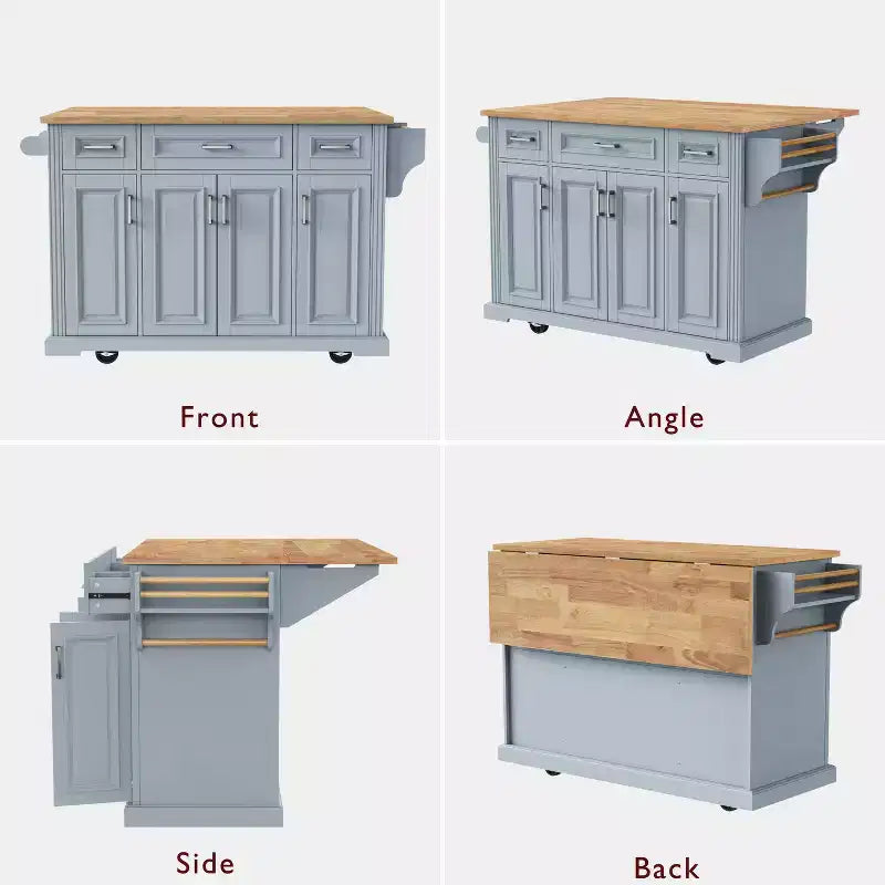 HomyCasa Îlot de cuisine roulant avec plateau en bois et armoires de rangement, Gris