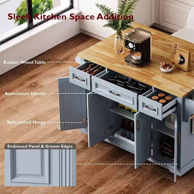HomyCasa Îlot de cuisine roulant avec plateau en bois et armoires de rangement, Gris