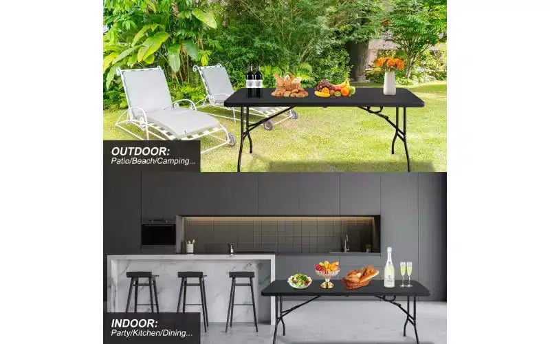 Table pliante portable de 1,8 m avec poignée de transport, pieds en fer robustes, table utilitaire rectangulaire pour pique-nique, fête, camping