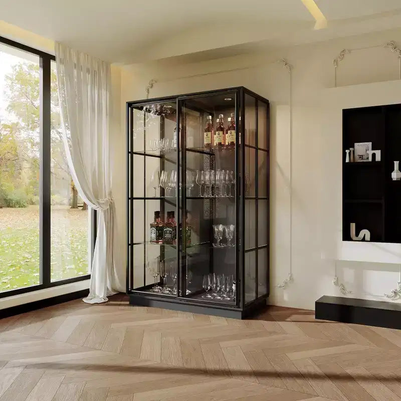 Buffet Hitow surdimensionné noir avec rangement pour vin et cuisine, portes coulissantes en verre, spots LED, grand garde-manger pour salle à manger