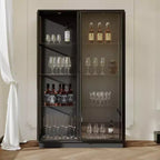 Buffet Hitow surdimensionné noir avec rangement pour vin et cuisine, portes coulissantes en verre, spots LED, grand garde-manger pour salle à manger