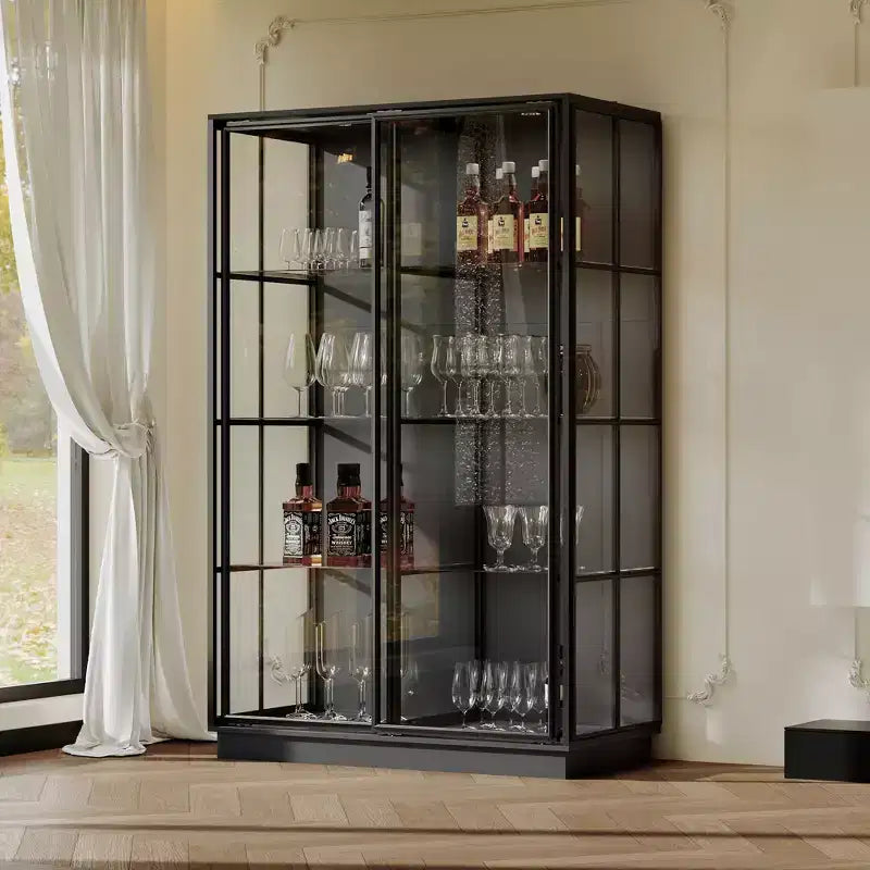 Buffet Hitow surdimensionné noir avec rangement pour vin et cuisine, portes coulissantes en verre, spots LED, grand garde-manger pour salle à manger