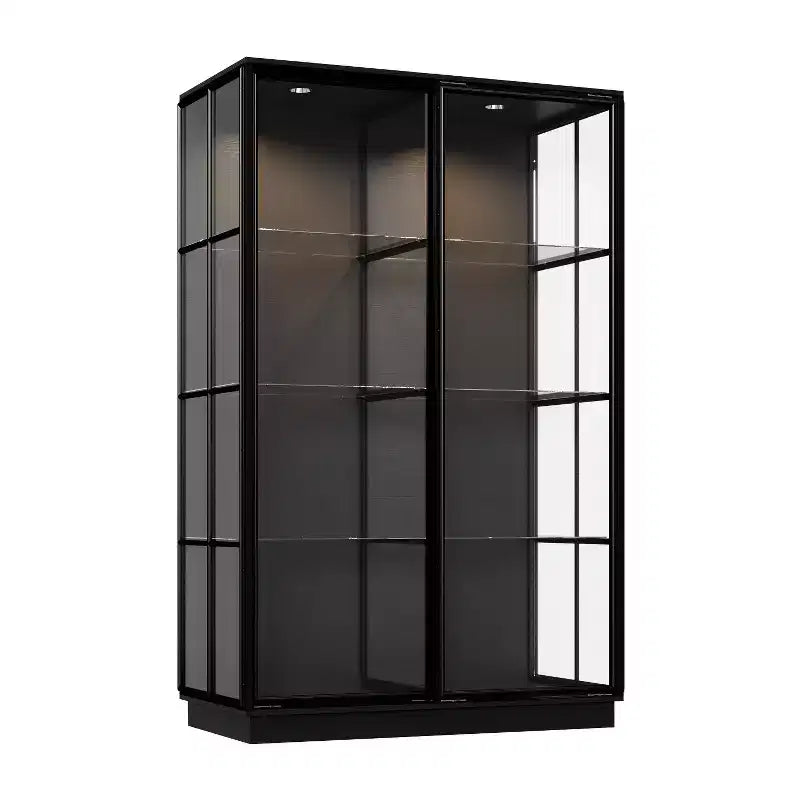 Buffet Hitow surdimensionné noir avec rangement pour vin et cuisine, portes coulissantes en verre, spots LED, grand garde-manger pour salle à manger