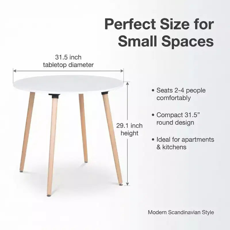 FurnitureR Table à manger ronde avec plateau blanc et pieds en bois, table de style scandinave compacte de 80 cm pour cuisine ou appartement