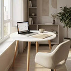 FurnitureR Table à manger ronde avec plateau blanc et pieds en bois, table de style scandinave compacte de 80 cm pour cuisine ou appartement