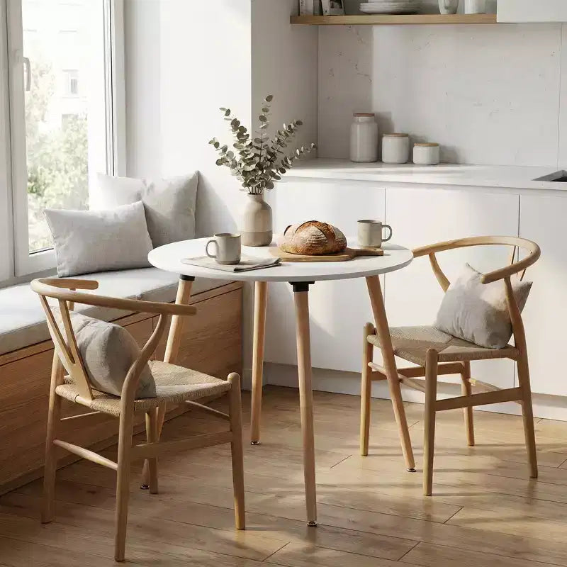 FurnitureR Table à manger ronde avec plateau blanc et pieds en bois, table de style scandinave compacte de 80 cm pour cuisine ou appartement