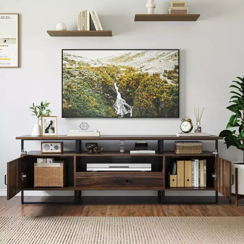 Meuble TV 70 pouces pour TV jusqu'à 75 pouces, Banc TV industriel avec tiroir de rangement et étagères ouvertes, Meuble TV Console pour Salon