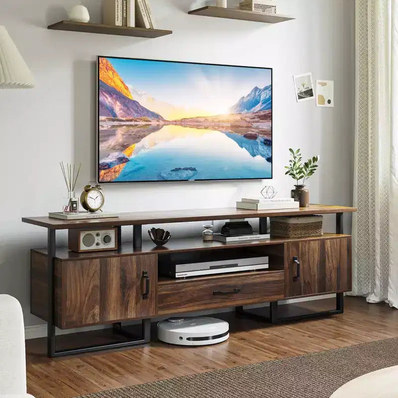Meuble TV 70 pouces pour TV jusqu'à 75 pouces, Banc TV industriel avec tiroir de rangement et étagères ouvertes, Meuble TV Console pour Salon