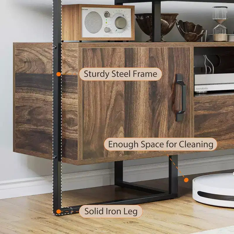 Meuble TV 70 pouces pour TV jusqu'à 75 pouces, Banc TV industriel avec tiroir de rangement et étagères ouvertes, Meuble TV Console pour Salon