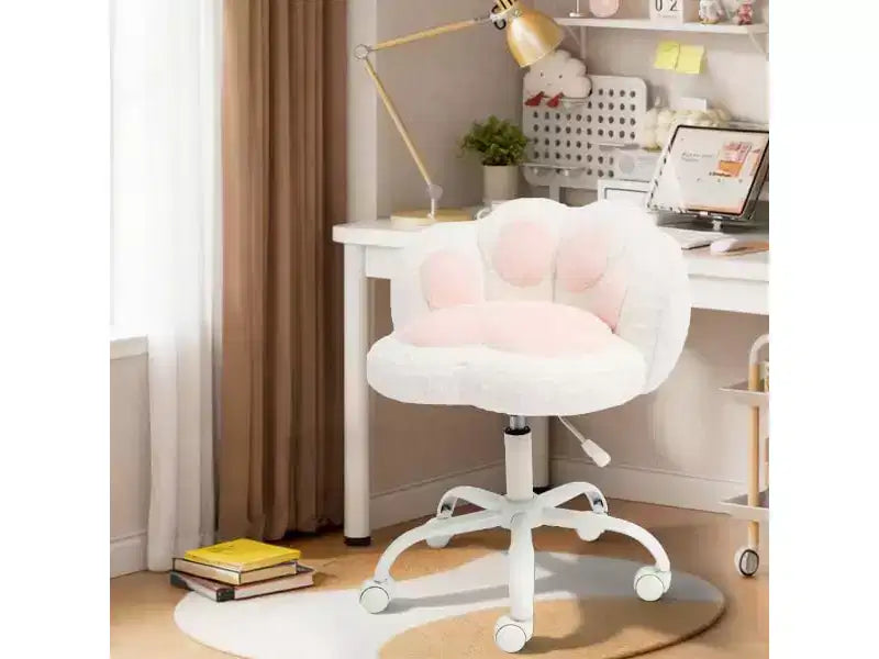 Chaise de vanité à roulettes, Chaise de bureau mignonne en forme de patte de chat avec dossier, Chaise sans accoudoirs rotative à 360° et réglable en hauteur avec blocage des couleurs éclatantes, Petite chaise de bureau