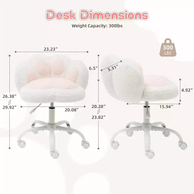 Chaise de vanité à roulettes, Chaise de bureau mignonne en forme de patte de chat avec dossier, Chaise sans accoudoirs rotative à 360° et réglable en hauteur avec blocage des couleurs éclatantes, Petite chaise de bureau