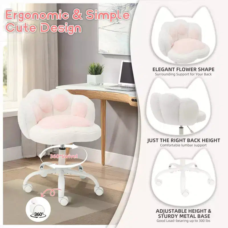 Chaise de vanité à roulettes, Chaise de bureau mignonne en forme de patte de chat avec dossier, Chaise sans accoudoirs rotative à 360° et réglable en hauteur avec blocage des couleurs éclatantes, Petite chaise de bureau