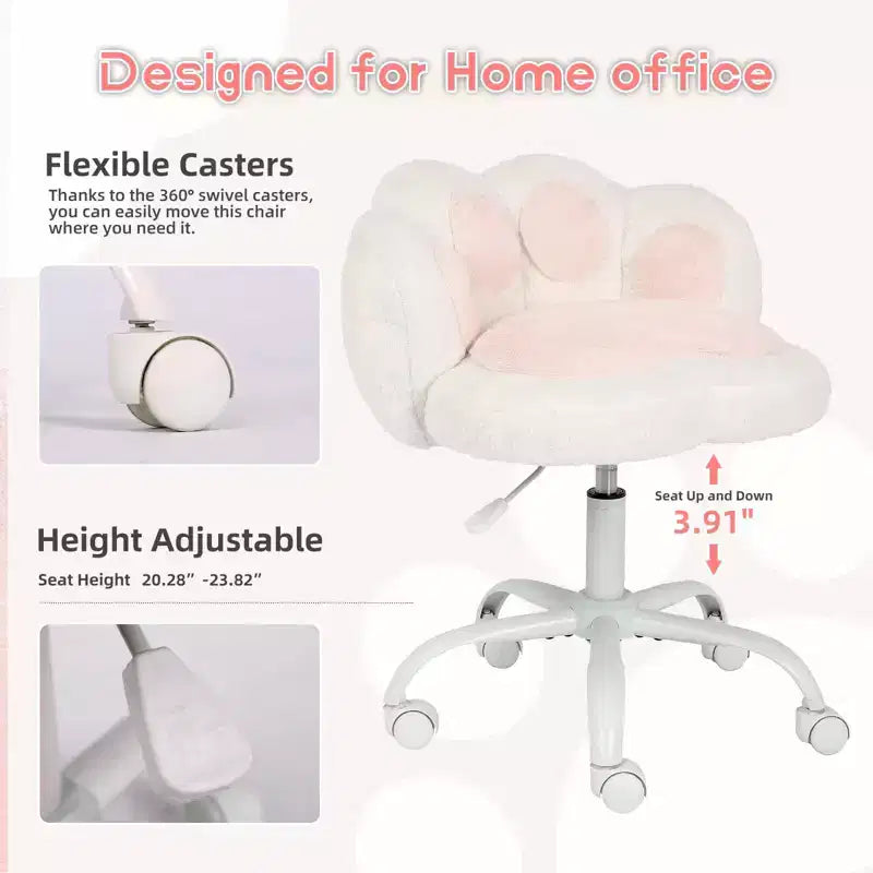 Chaise de vanité à roulettes, Chaise de bureau mignonne en forme de patte de chat avec dossier, Chaise sans accoudoirs rotative à 360° et réglable en hauteur avec blocage des couleurs éclatantes, Petite chaise de bureau