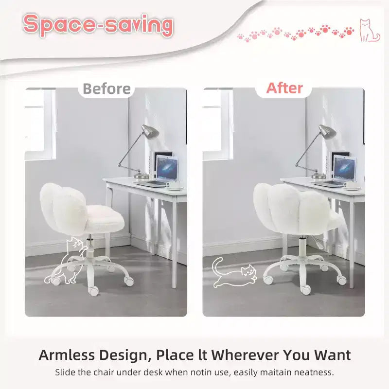 Chaise de vanité à roulettes, Chaise de bureau mignonne en forme de patte de chat avec dossier, Chaise sans accoudoirs rotative à 360° et réglable en hauteur avec blocage des couleurs éclatantes, Petite chaise de bureau