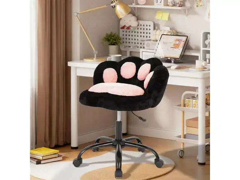 Chaise de vanité à roulettes, Chaise de bureau mignonne en forme de patte de chat avec dossier, Chaise sans accoudoirs rotative à 360° et réglable en hauteur avec blocage des couleurs éclatantes, Petite chaise de bureau