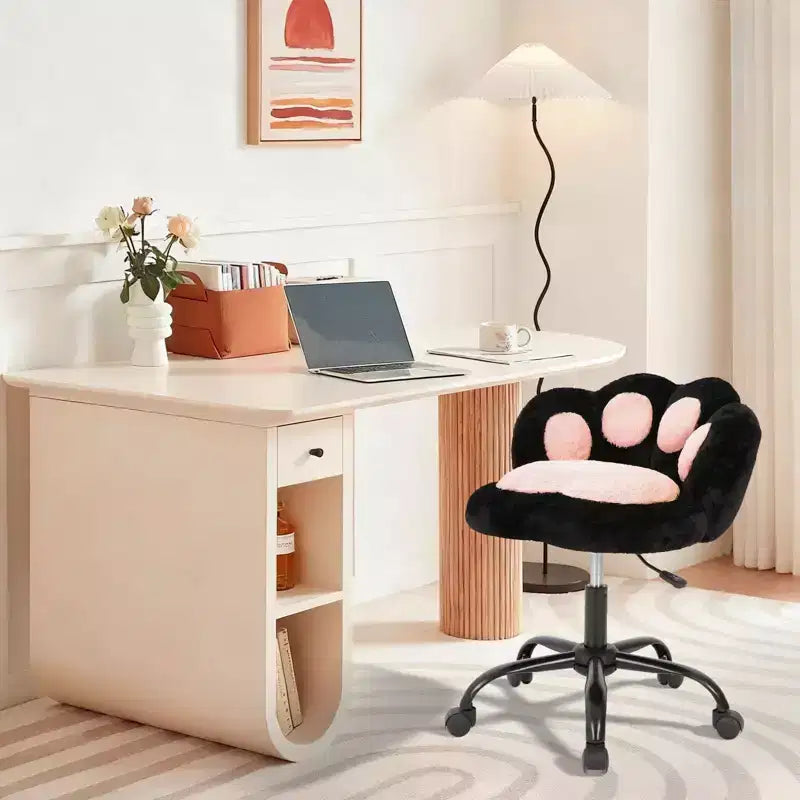 Chaise de vanité à roulettes, Chaise de bureau mignonne en forme de patte de chat avec dossier, Chaise sans accoudoirs rotative à 360° et réglable en hauteur avec blocage des couleurs éclatantes, Petite chaise de bureau