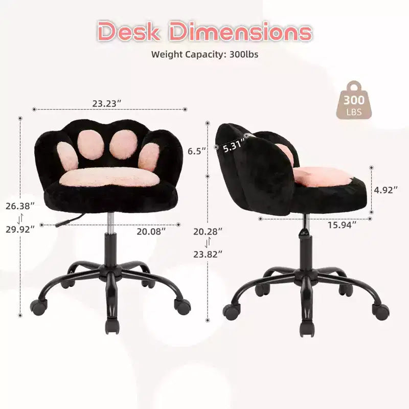Chaise de vanité à roulettes, Chaise de bureau mignonne en forme de patte de chat avec dossier, Chaise sans accoudoirs rotative à 360° et réglable en hauteur avec blocage des couleurs éclatantes, Petite chaise de bureau