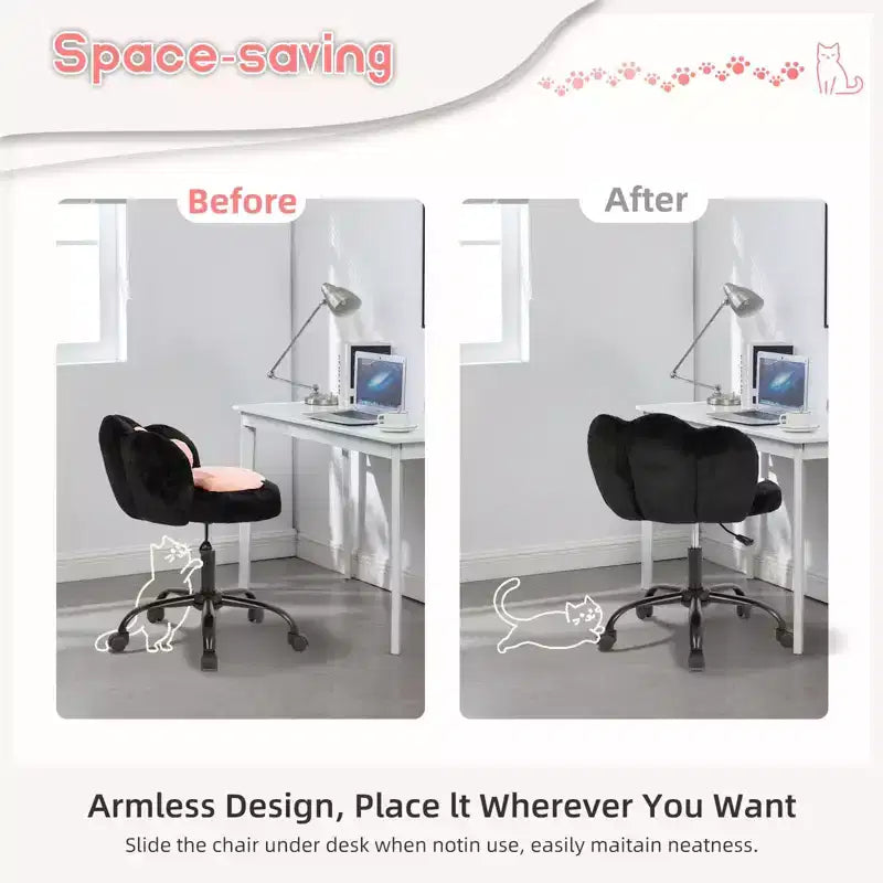 Chaise de vanité à roulettes, Chaise de bureau mignonne en forme de patte de chat avec dossier, Chaise sans accoudoirs rotative à 360° et réglable en hauteur avec blocage des couleurs éclatantes, Petite chaise de bureau