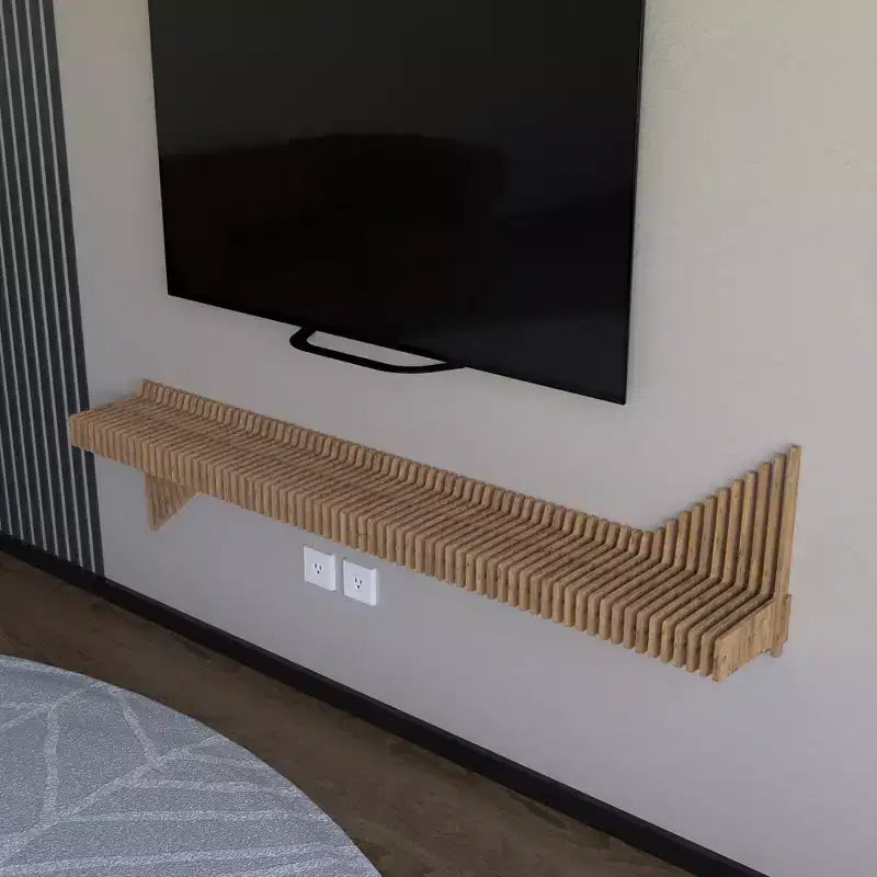 Meuble TV mural flottant Sierra BATAMEX Parametric 65 pouces moderne géométrique en bois, couleur chêne naturel, étagère de salon ondulée 3D