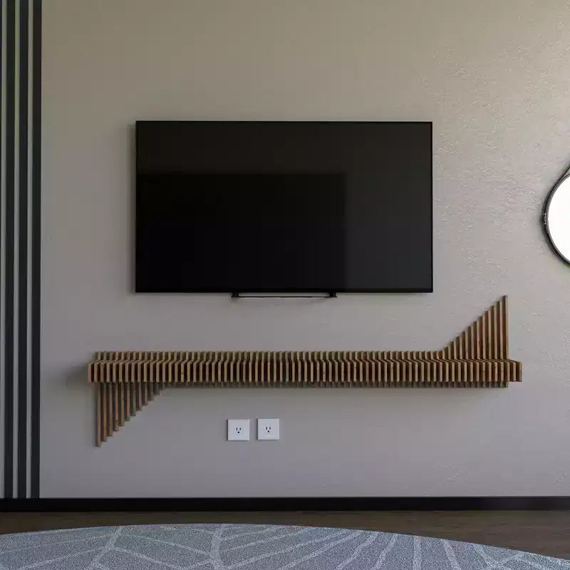 Meuble TV mural flottant Sierra BATAMEX Parametric 65 pouces moderne géométrique en bois, couleur chêne naturel, étagère de salon ondulée 3D