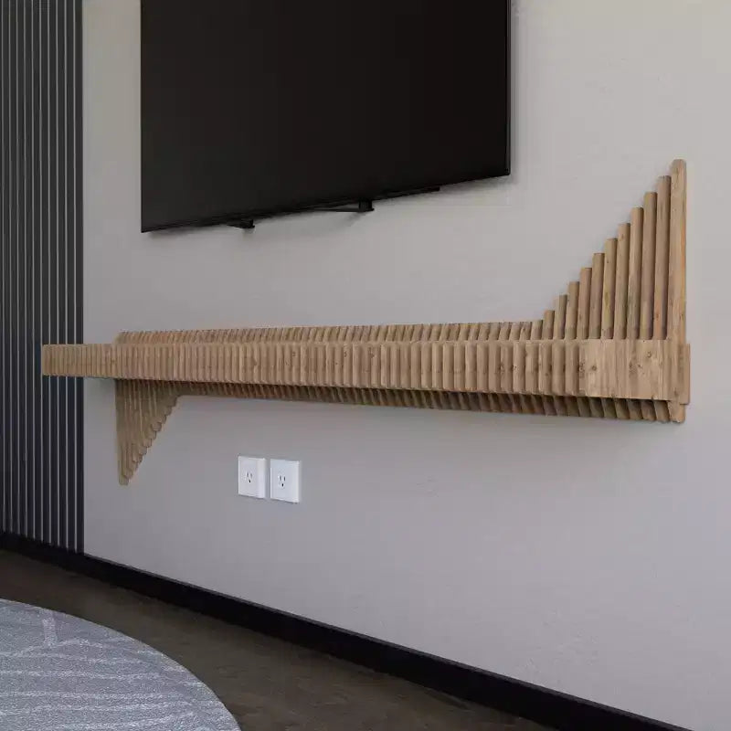 Meuble TV mural flottant Sierra BATAMEX Parametric 65 pouces moderne géométrique en bois, couleur chêne naturel, étagère de salon ondulée 3D
