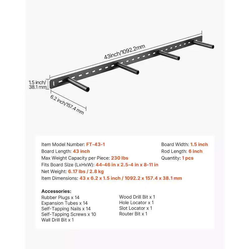 Support d'Étagère Flottante VEVOR, 1 Unité, Capacité de Charge 104 kg, 1092,2x157,4x38,1 mm, Fixation Murale Dissimulée Robuste, Noir