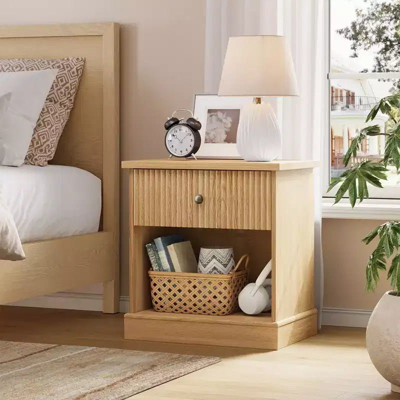 COZONY Fluted Nightstand with Drawer, Mid Century Modern Light Wood Bedside Table with Storage for Bedroom Living Room