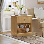 COZONY Table de Chevet Cannelée avec Tiroir, Table de Nuit en Bois Clair de Style Mid-Century Moderne avec Rangement pour Chambre à Coucher ou Salon